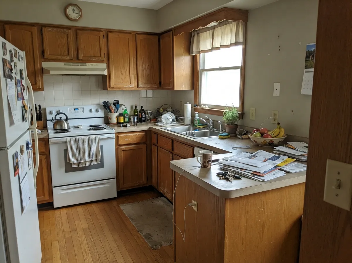 Against honey oak the green-warm undertone meets the wood halfway instead of fighting it — the calm option for a kitchen that isn't getting new cabinets.