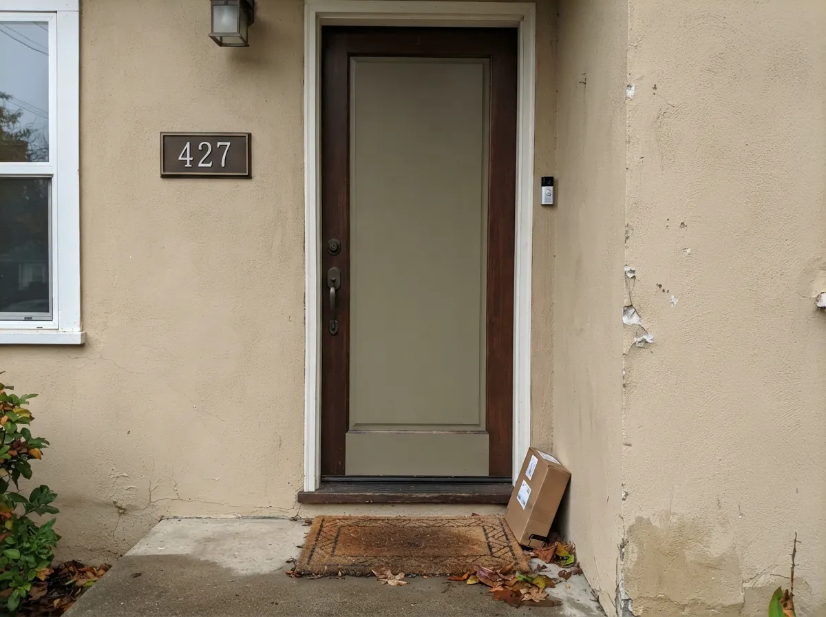 A genuinely dark door does more for this beige than any trim swap — even under flat, overcast light it reads settled, not dated.
