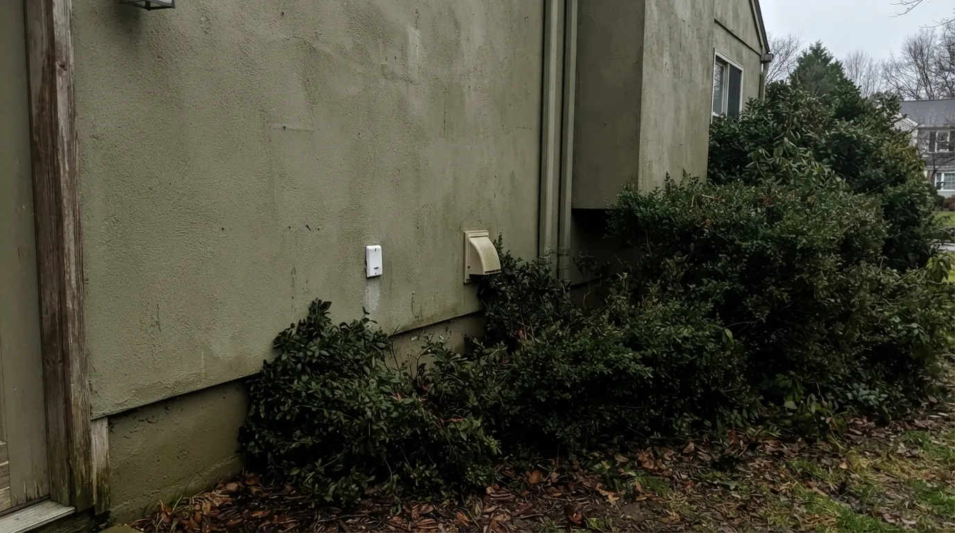 The honest shot: shade and nearby foliage pull out the real green undertone, and the same paint that looked warm out front reads muddy green around the side.