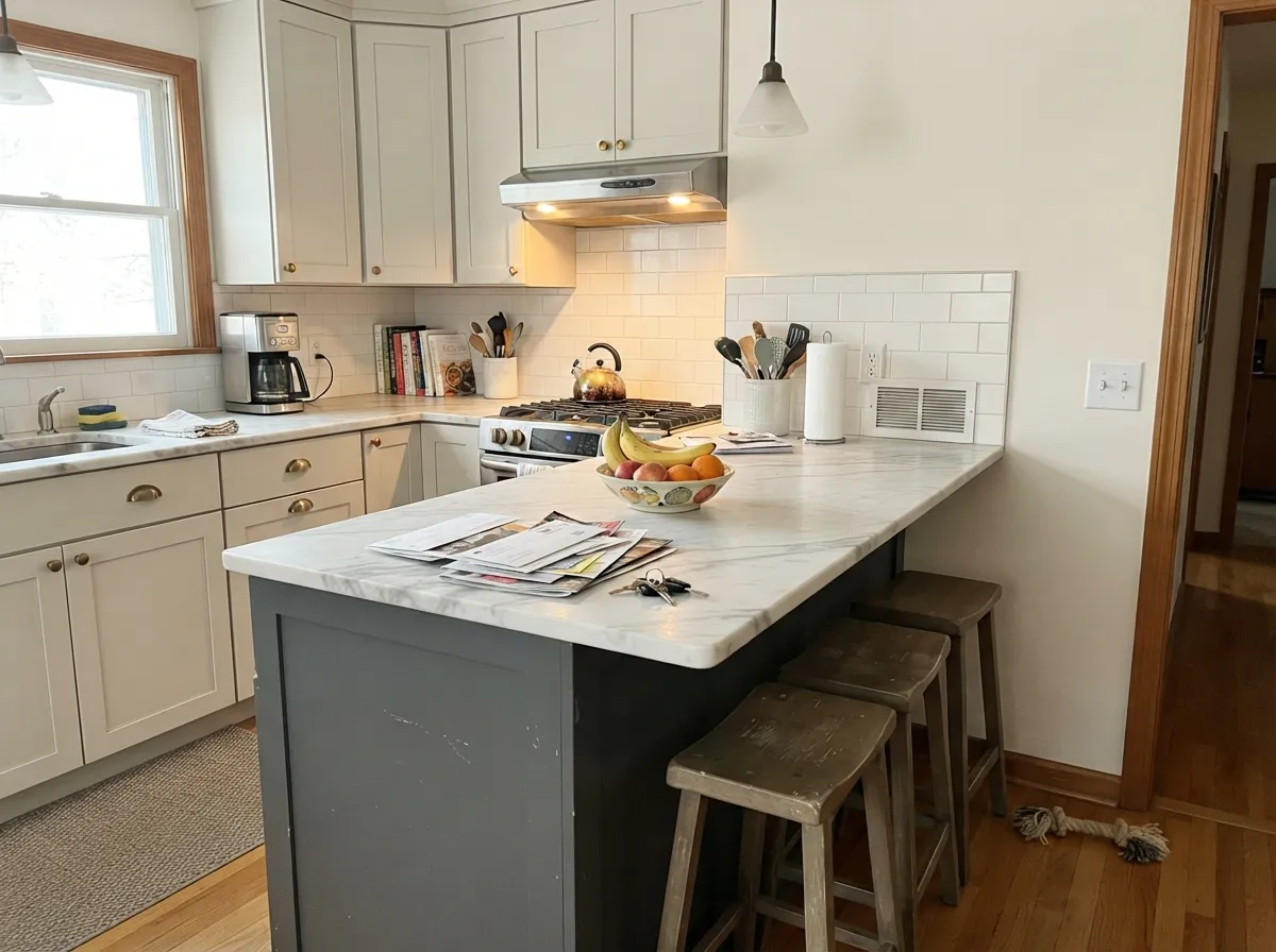 The designer move: a Graphite island against lighter perimeter cabinets, brass hardware doing the warming-up work.