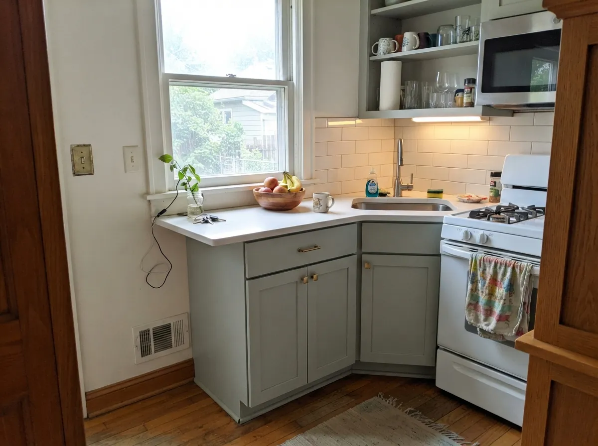 On cabinets under real daylight it reads sophisticated blue-green-gray and flatters brass hardware without trying.