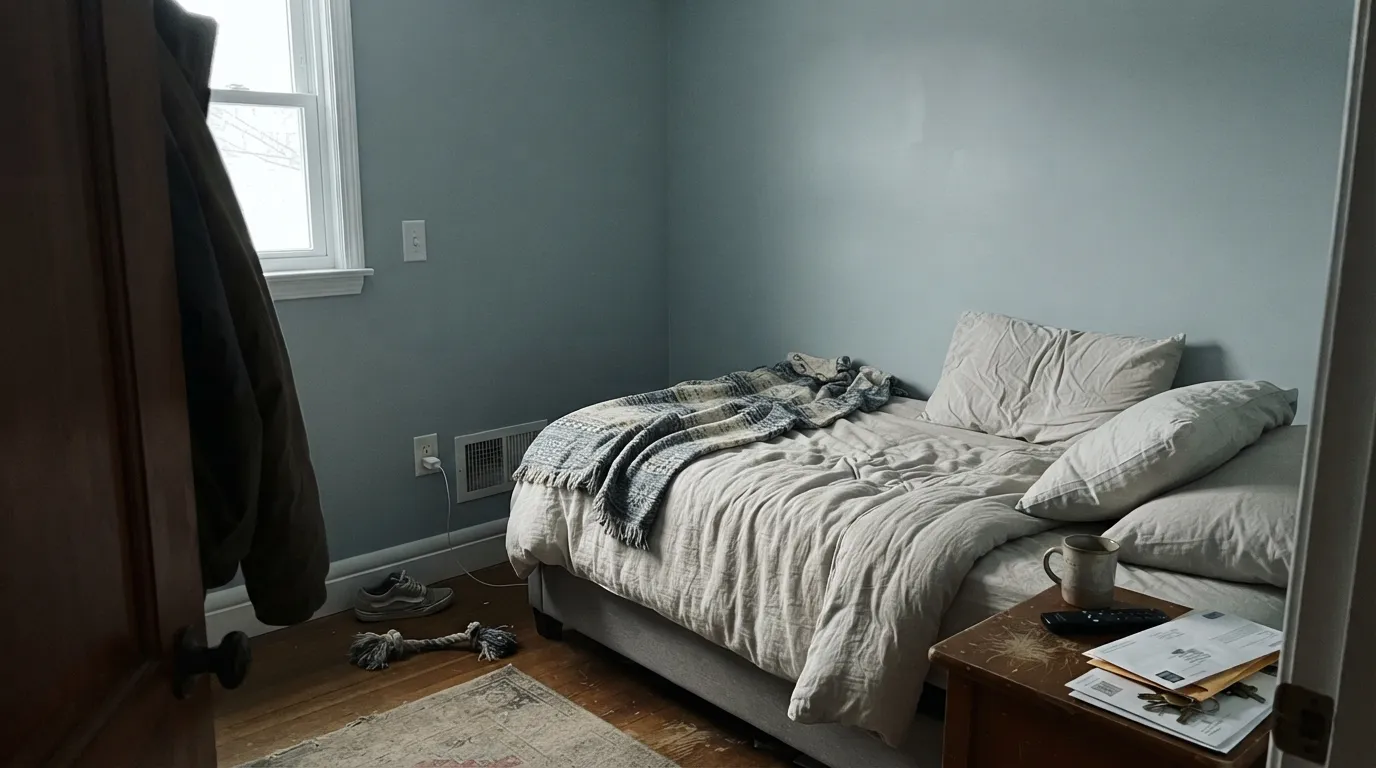 The honest shot: a dim room pulls Gray Cashmere toward a surprising baby-blue instead of the earthy green-gray the chip promised — the real complaint behind most of its bad reviews.