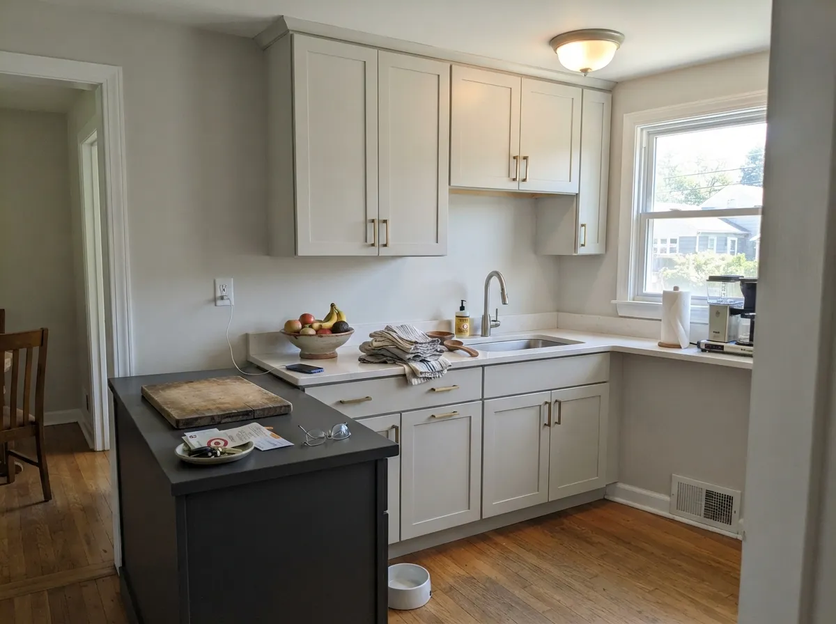 On cabinets it needs real contrast to avoid disappearing — here a dark island does the job the pale color can't do alone.
