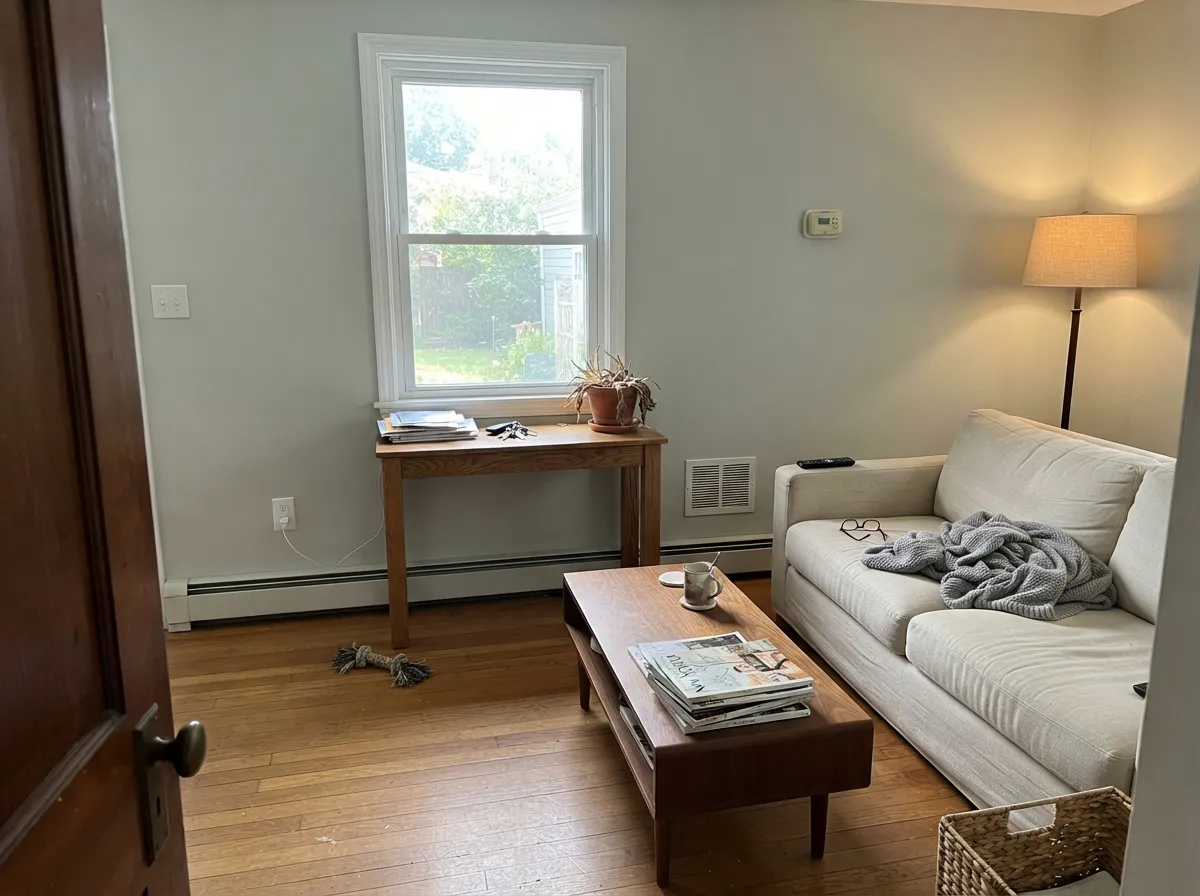 Gray Owl living room walls with oak furniture in steady daylight.