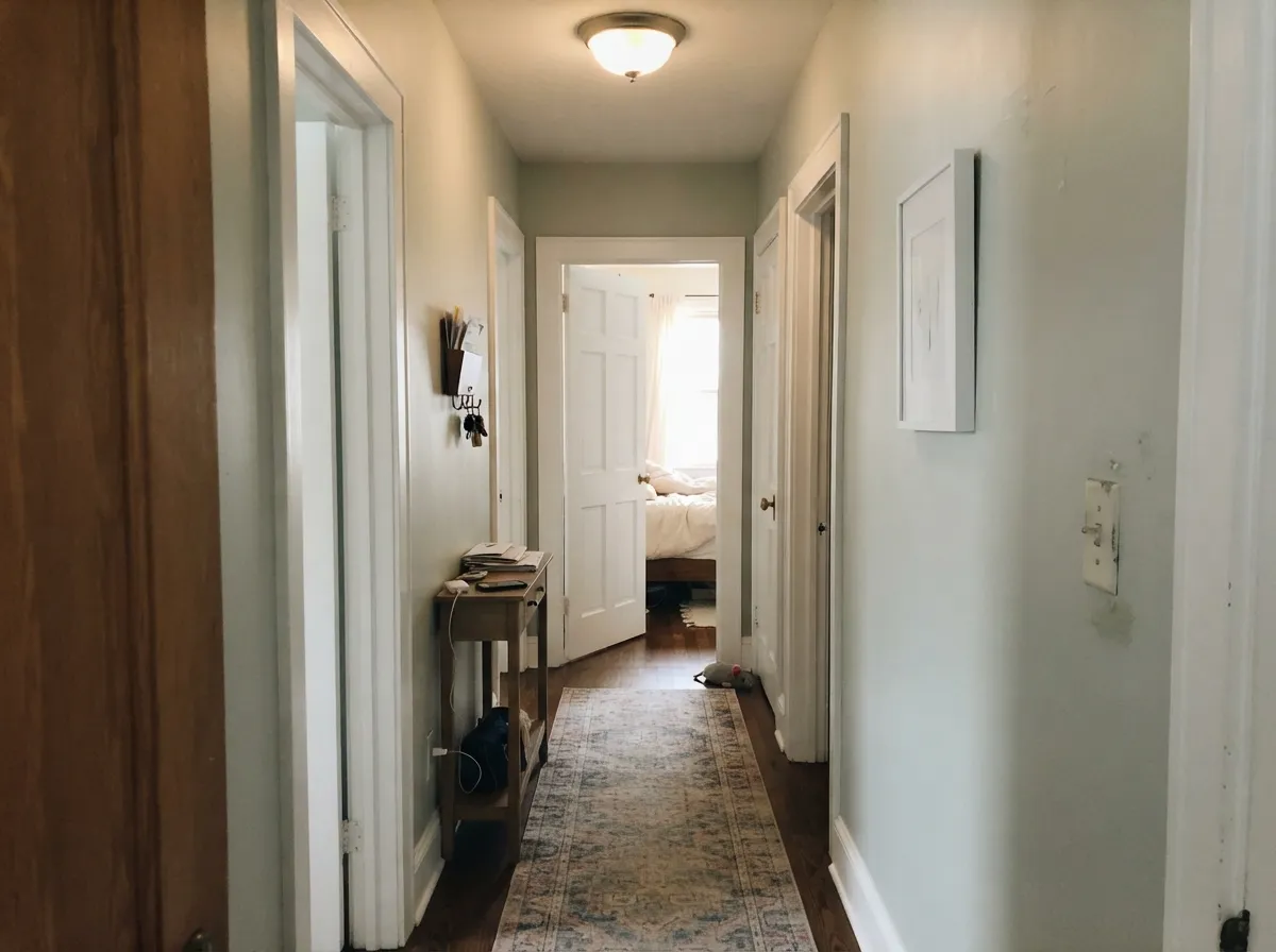 Gray Owl in a windowless hallway with white doors and casings.