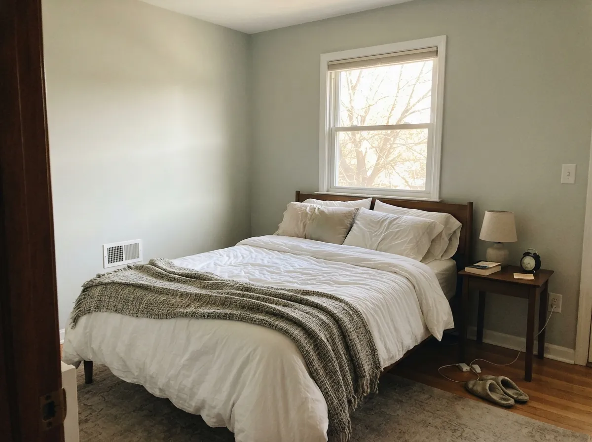 Gray Owl bedroom walls in warm east-facing morning light.