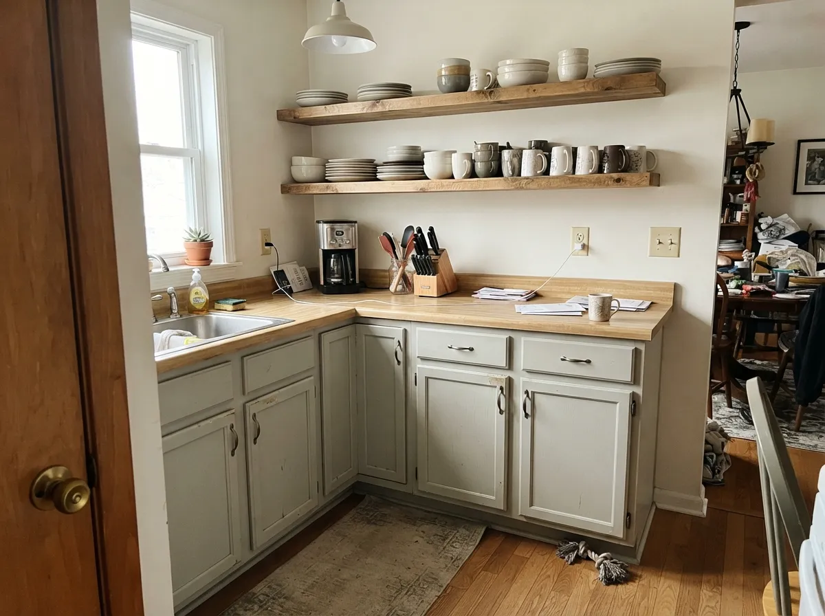 Gray Owl on kitchen lower cabinets with a wood floor.