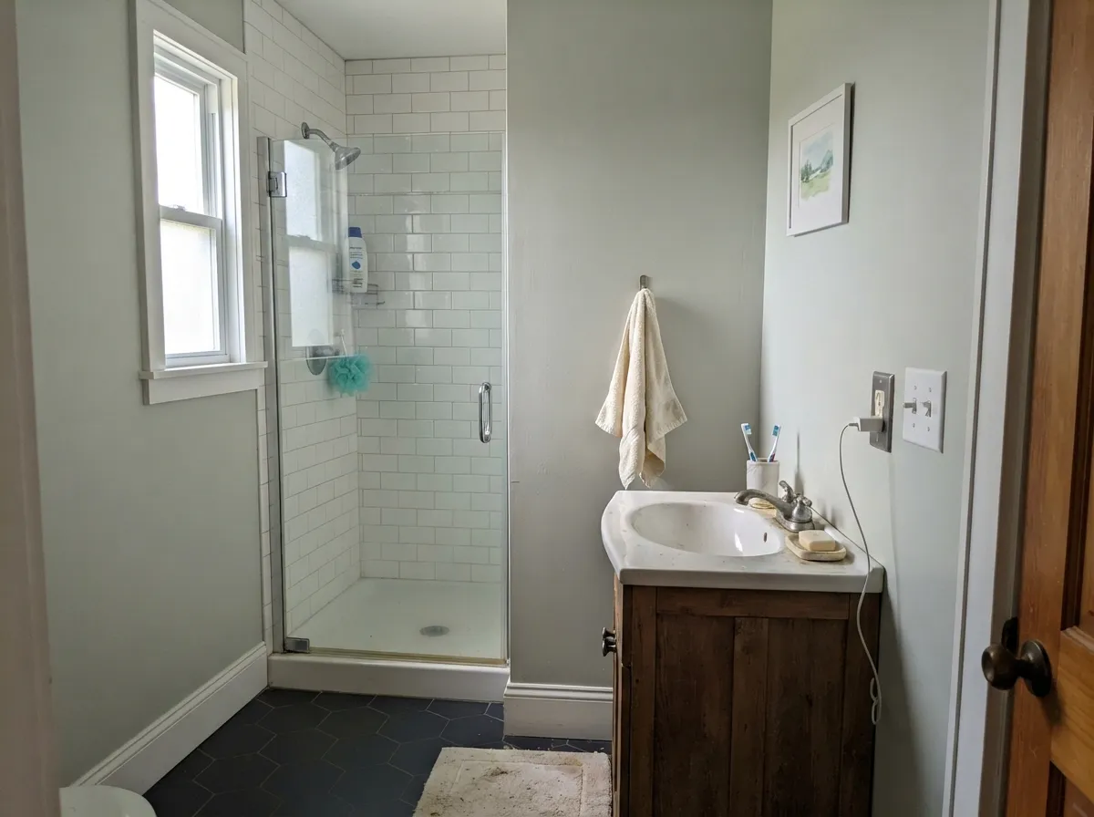 Gray Owl bathroom walls with white subway tile and a wood vanity.