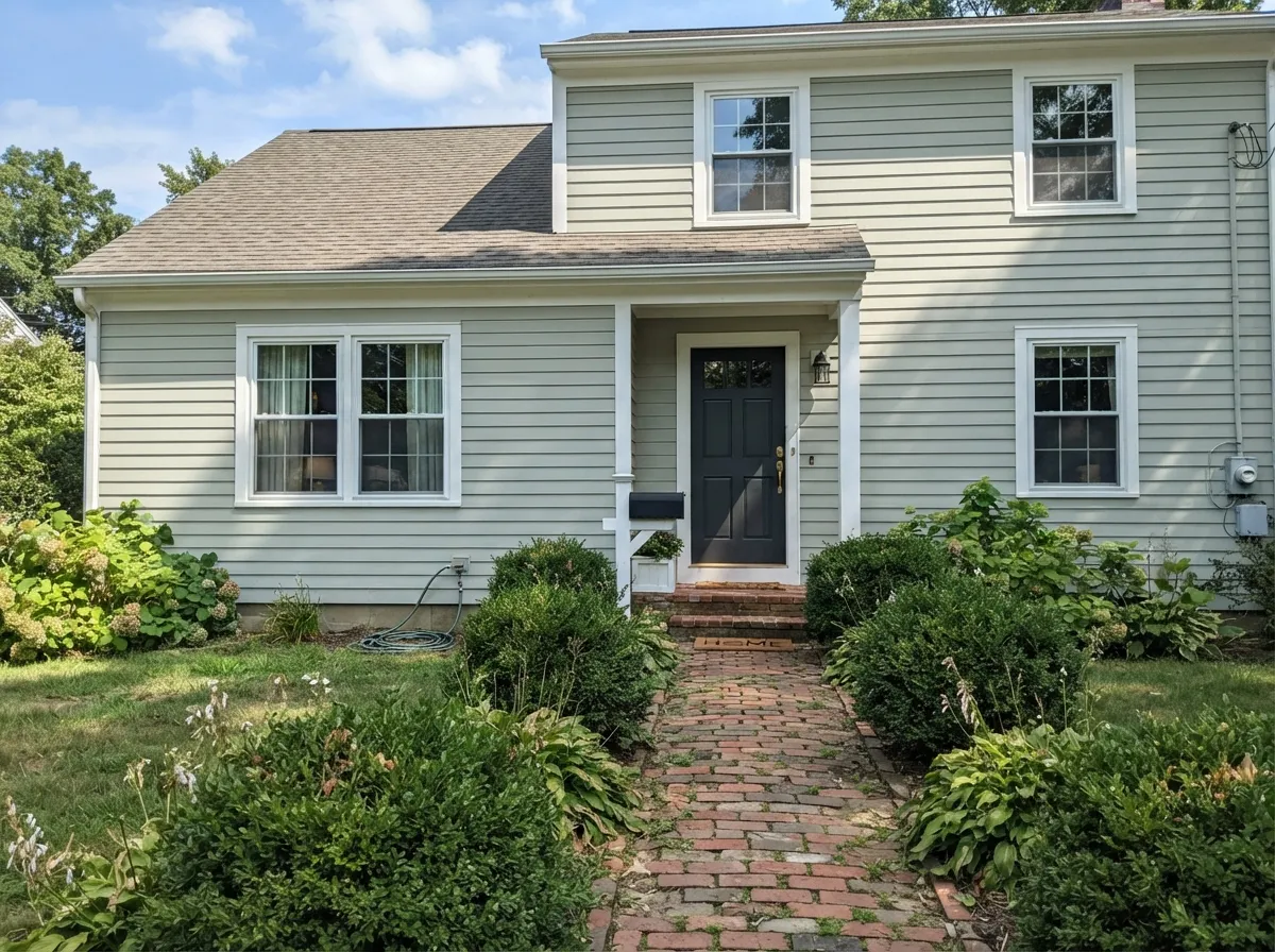 Gray Owl exterior siding with white trim and a dark front door.