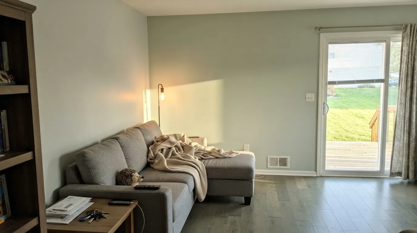 The honest shot: in hard afternoon sun over a green-toned floor, Gray Owl flips to soft sage — the 'why does it look green' complaint in one photo.