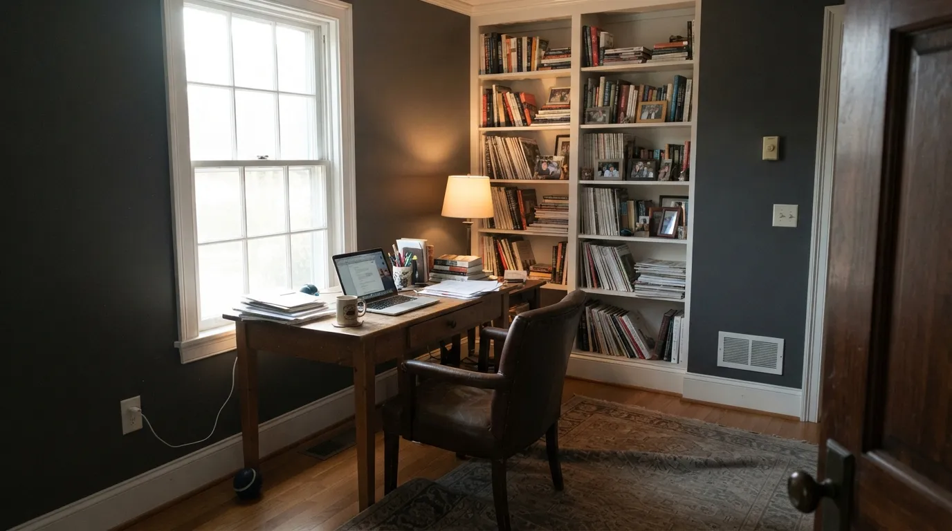 In direct afternoon light the walls read as a clean charcoal, not black — this is the light this color needs.