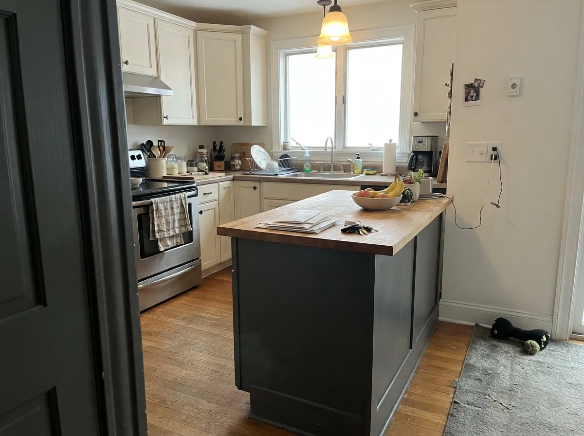 Surrounded by warm wood and creamy cabinets, the charcoal island stays neutral and never tips cool.