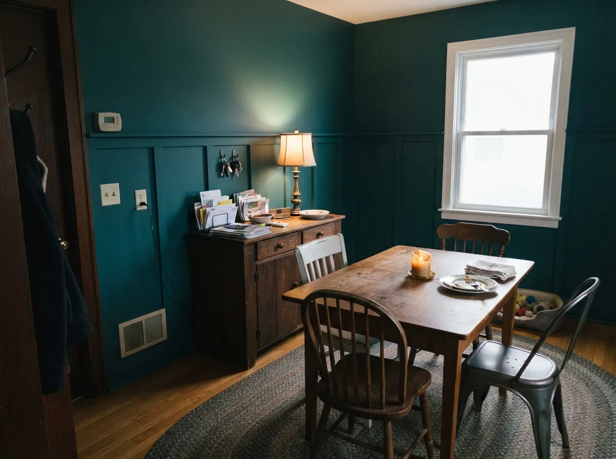 Under warm evening lamps the blue lean calms down and the paneling planes catch just enough light to keep it reading green.