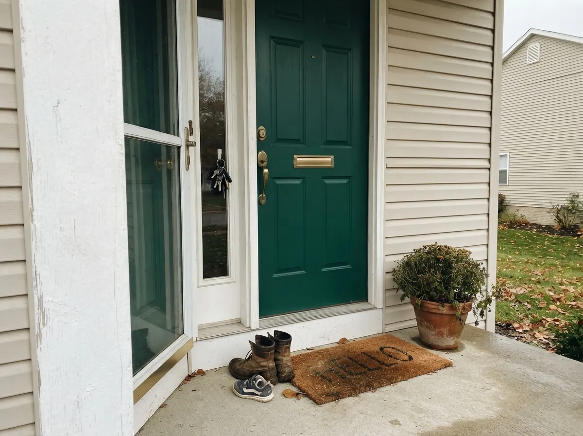 Against light siding the door holds its color even on a gray day, though the green is much quieter than it looks on the chip.