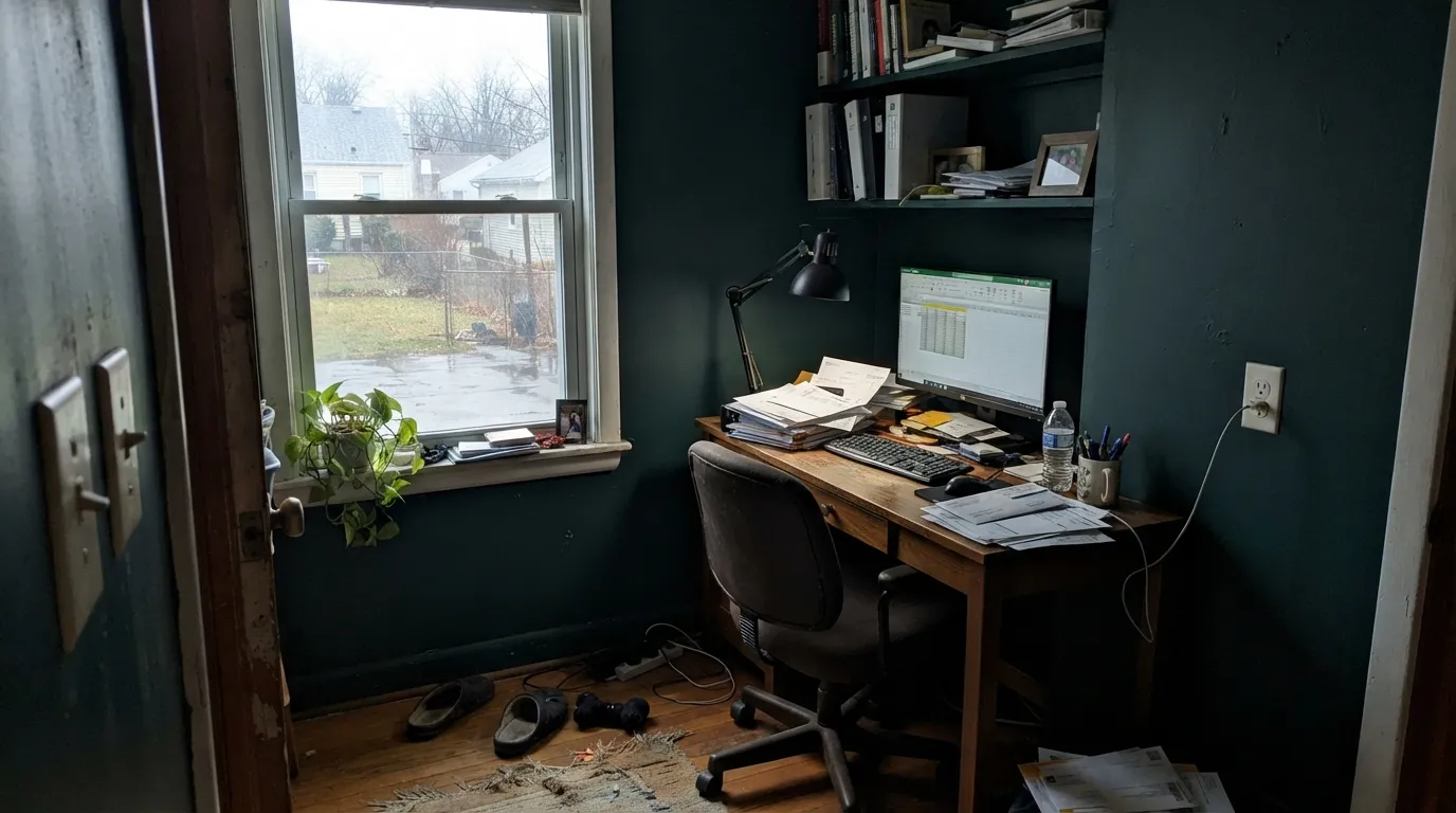 The honest shot: one north window, no lamps, and the green is simply gone — this is the room where people say it turned out black.