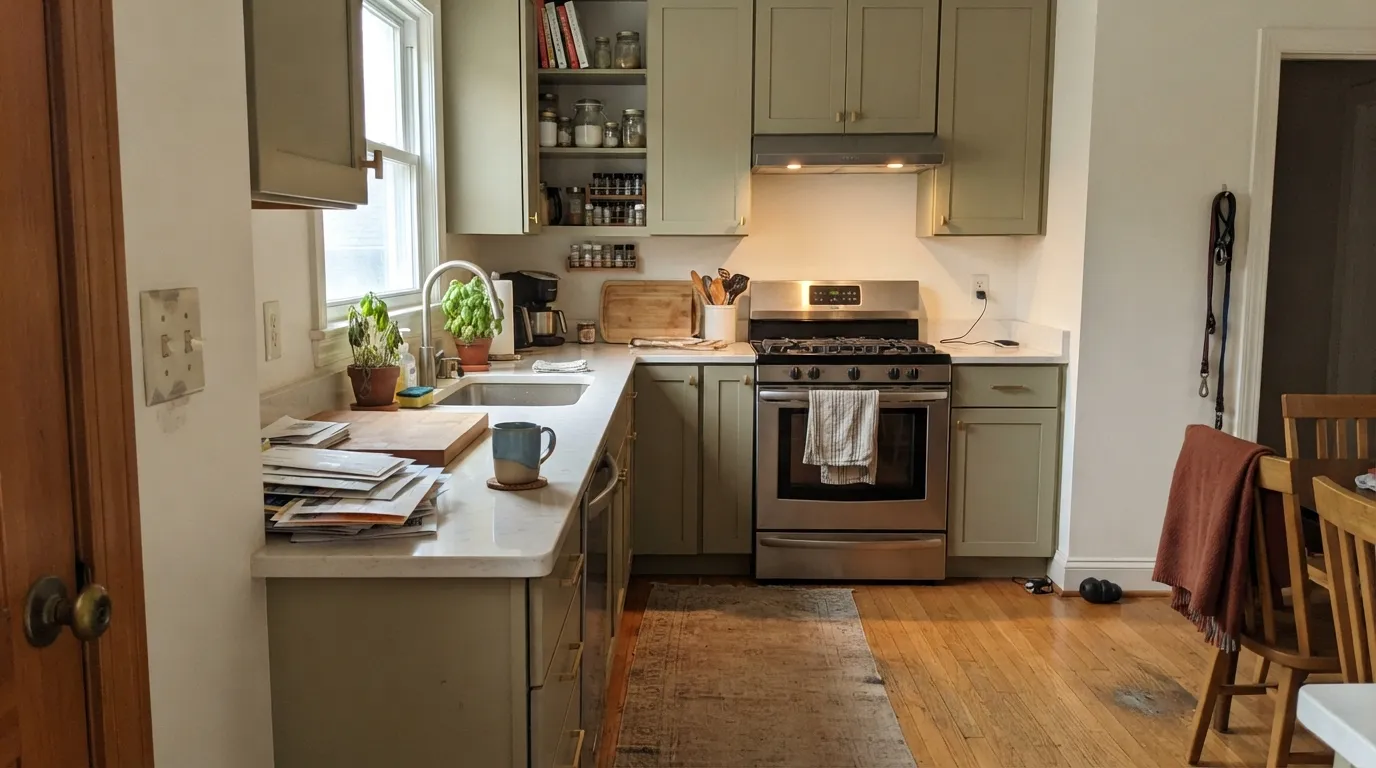 Guilford Green cabinets against warm white walls and brass pulls — the color's best interior job, and the closest match to the Color of the Year photos.