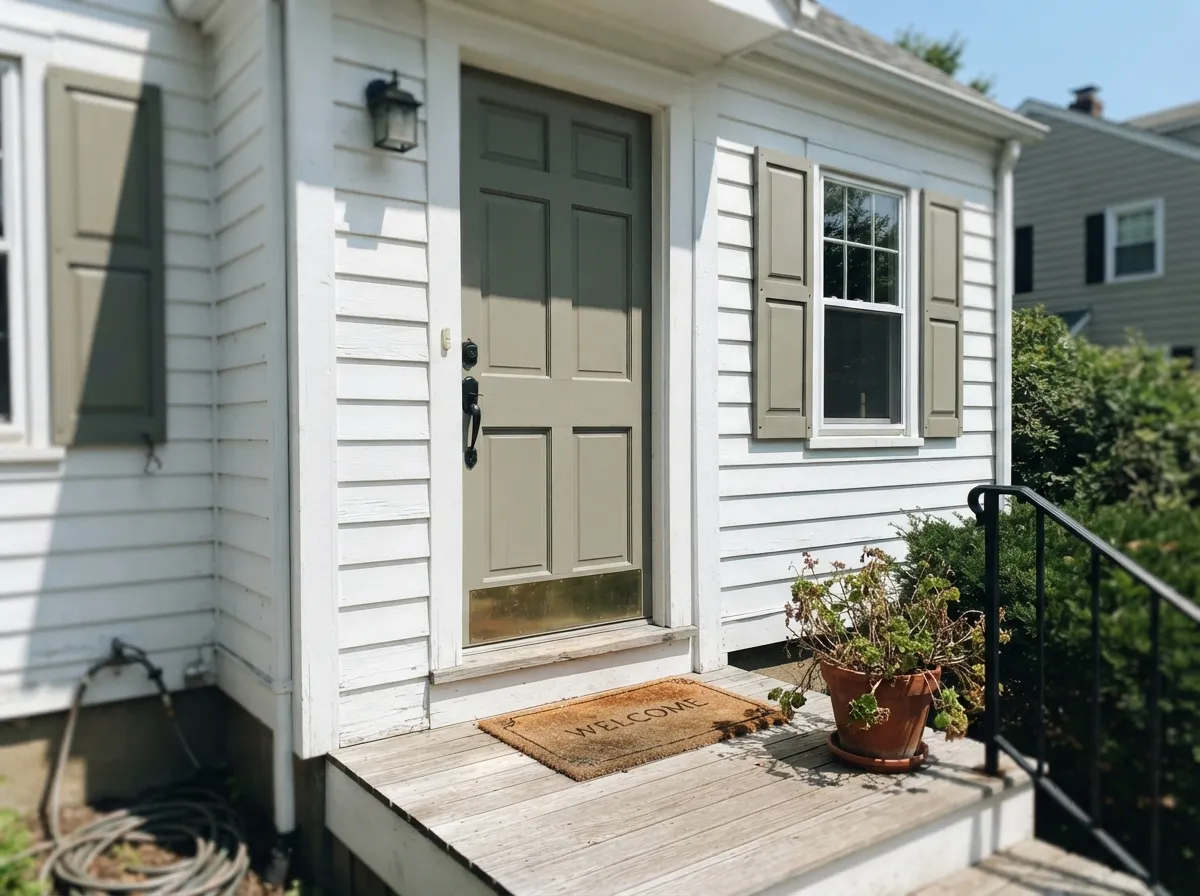 On a Colonial exterior with white trim and black hardware, Guilford Green looks like it's always been there — the color's original job, before it was ever a Color of the Year.
