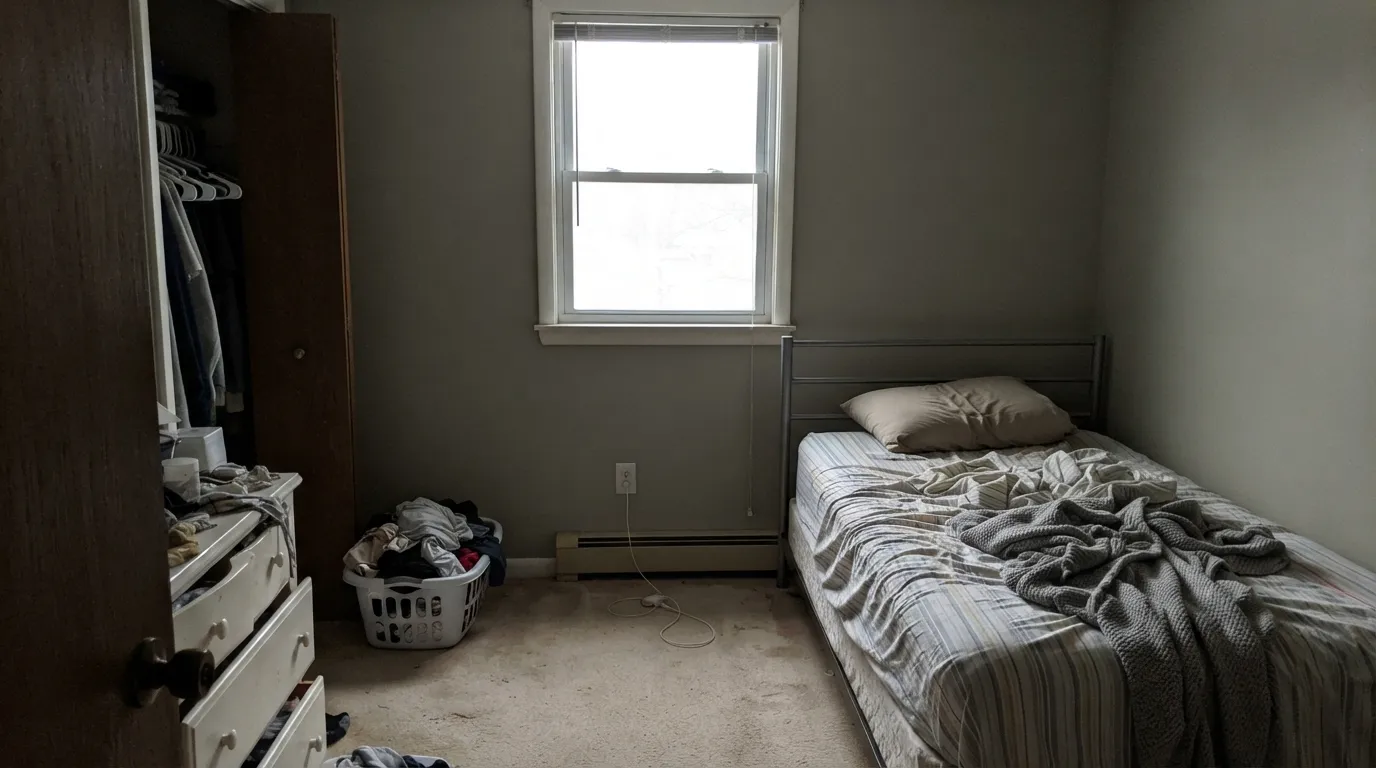 The honest shot: cool north light with no warm lamps strips the yellow out and leaves a dingy khaki-gray, not the sage green the chip promised.