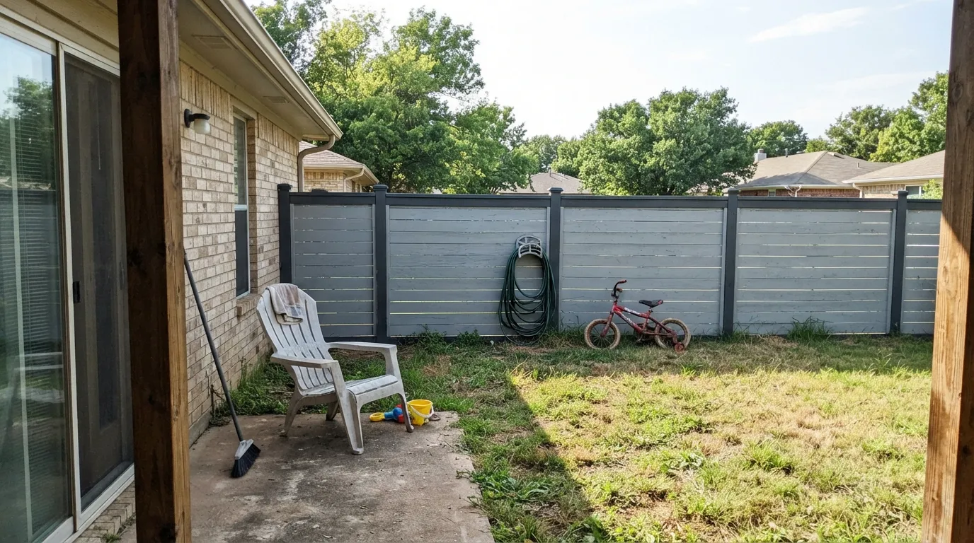 Gull Wing Gray on a back-yard fence in full sun — mid gray lets the yard be the yard, and hides the splash-back dirt a white fence puts on display.