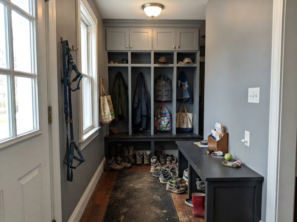 Satin gray lockers with a darker bench — three steps of depth keep a small utility room from reading like one flat gray box.