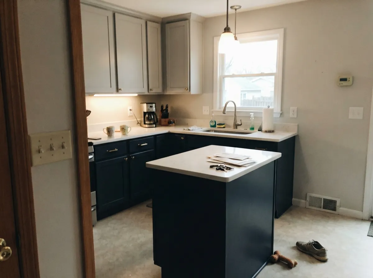 Hale Navy on kitchen island and lower cabinets under light upper cabinets with brass hardware.