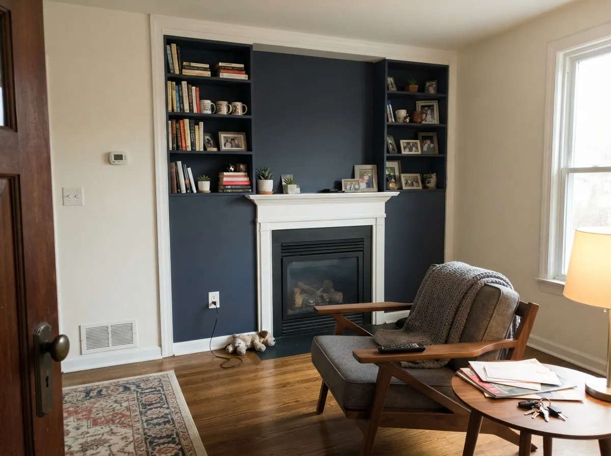 Hale Navy on living room built-ins and fireplace wall with white trim and light walls.