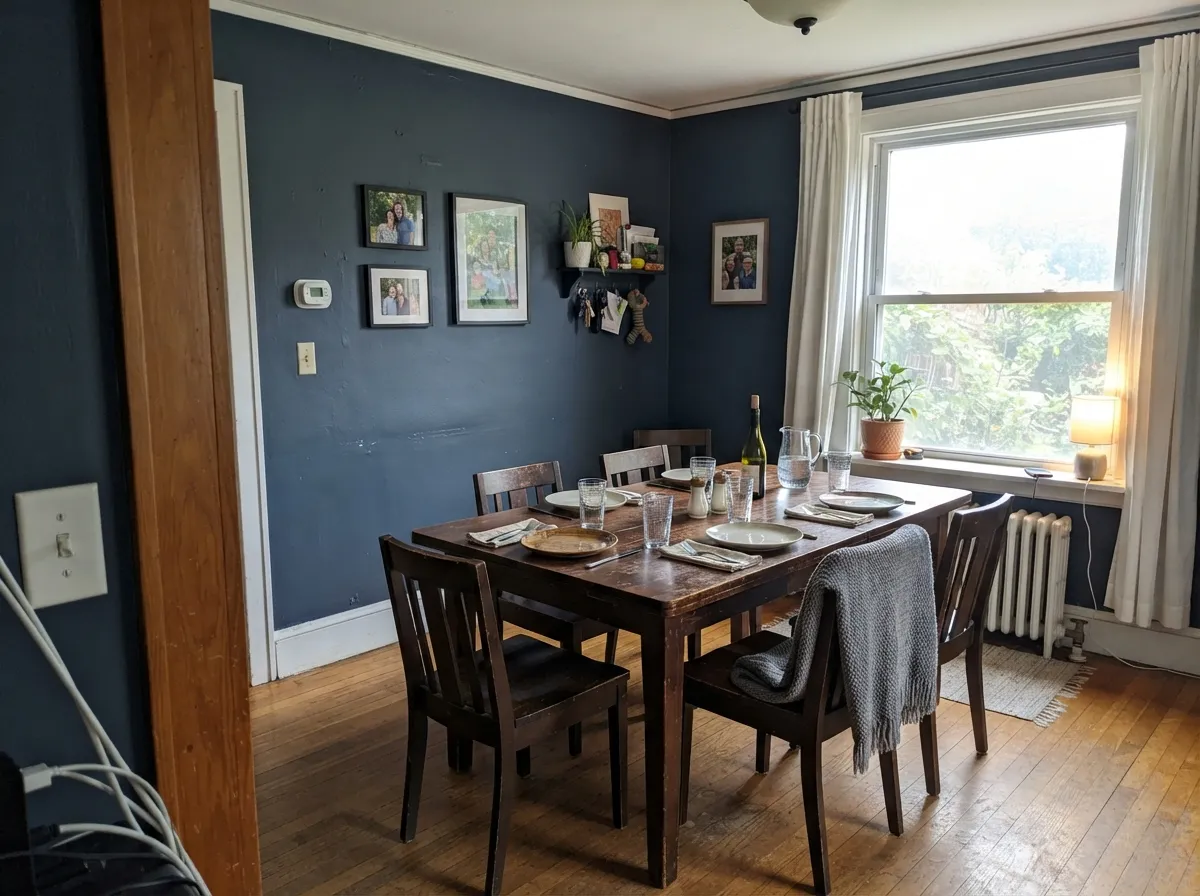 Hale Navy on all four dining room walls in bright south-facing daylight.