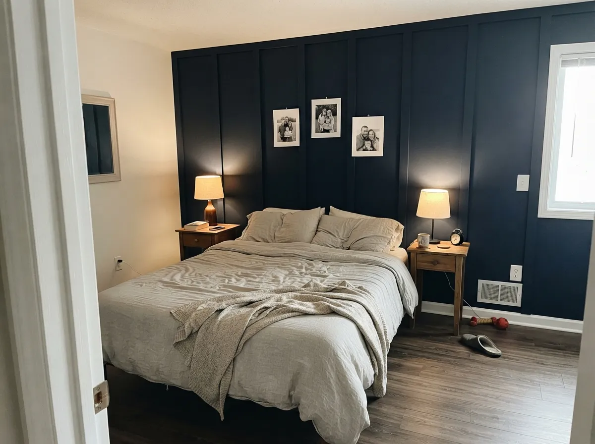 Hale Navy board-and-batten accent wall behind the bed under warm lamp light.