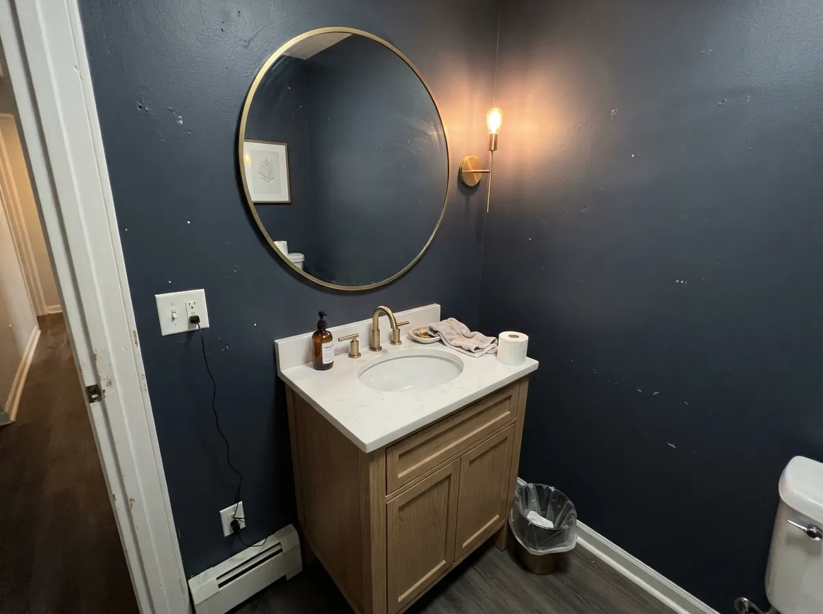 Hale Navy walls in a small windowless powder room with a light vanity top.