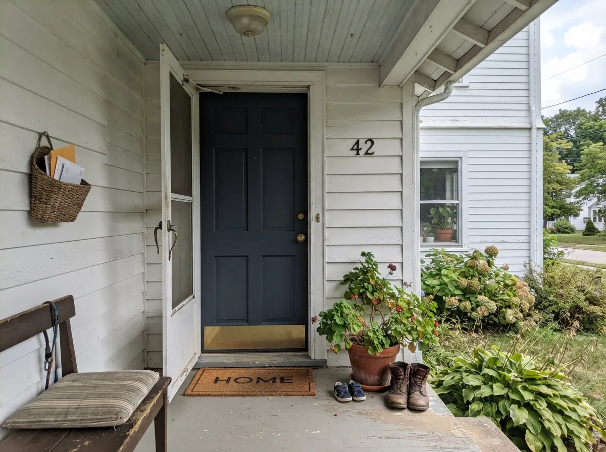 Hale Navy semi-gloss front door on a white house exterior.
