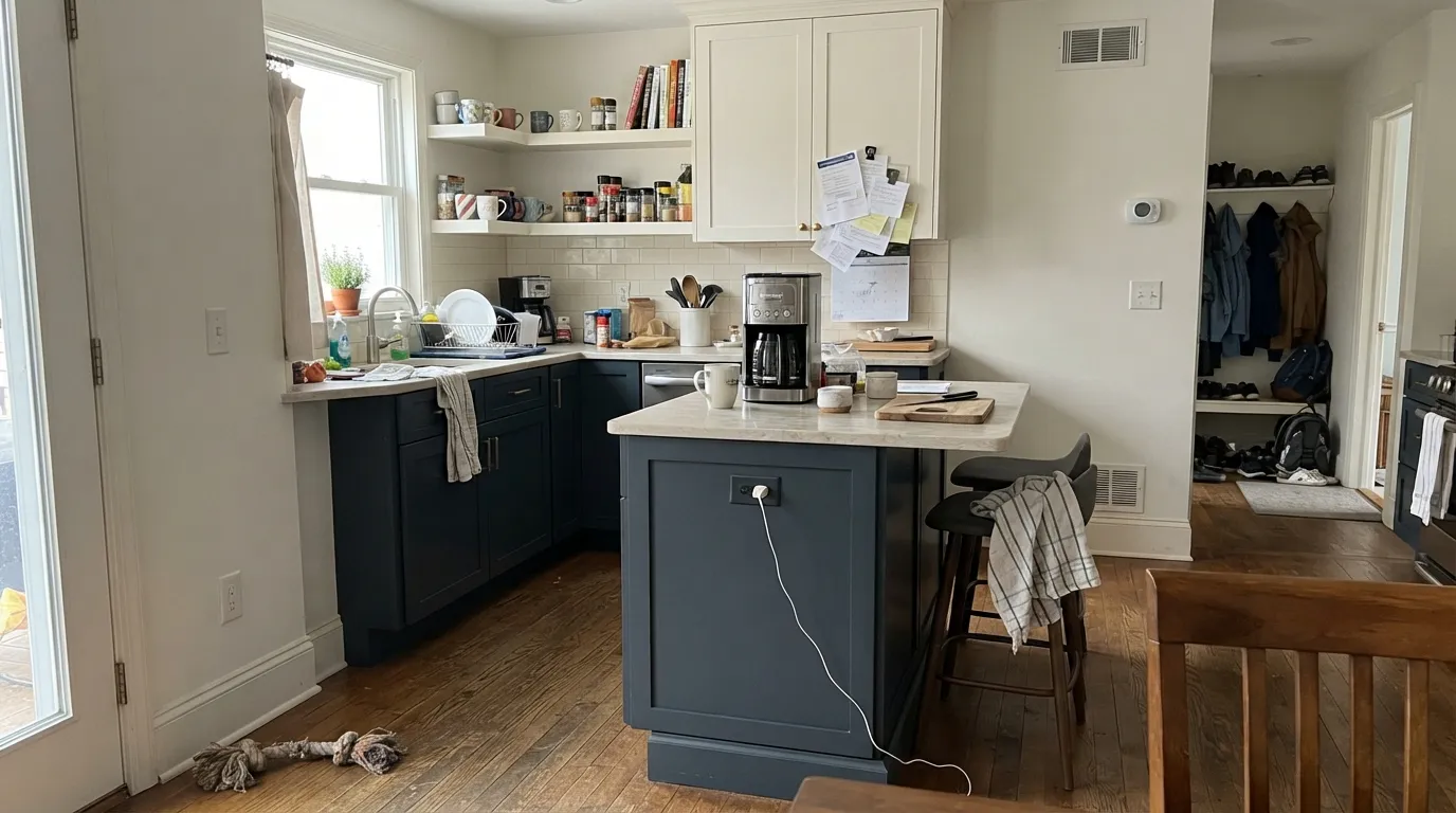 The two-tone kitchen that made Hale Navy famous — navy lowers, warm white uppers, light counters doing the bounce work.