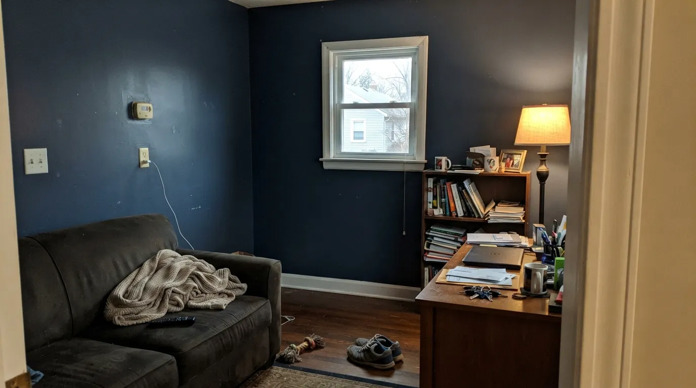 The honest shot: all four walls of a small north room — Hale Navy goes dull and almost black, the #1 regret in the threads.
