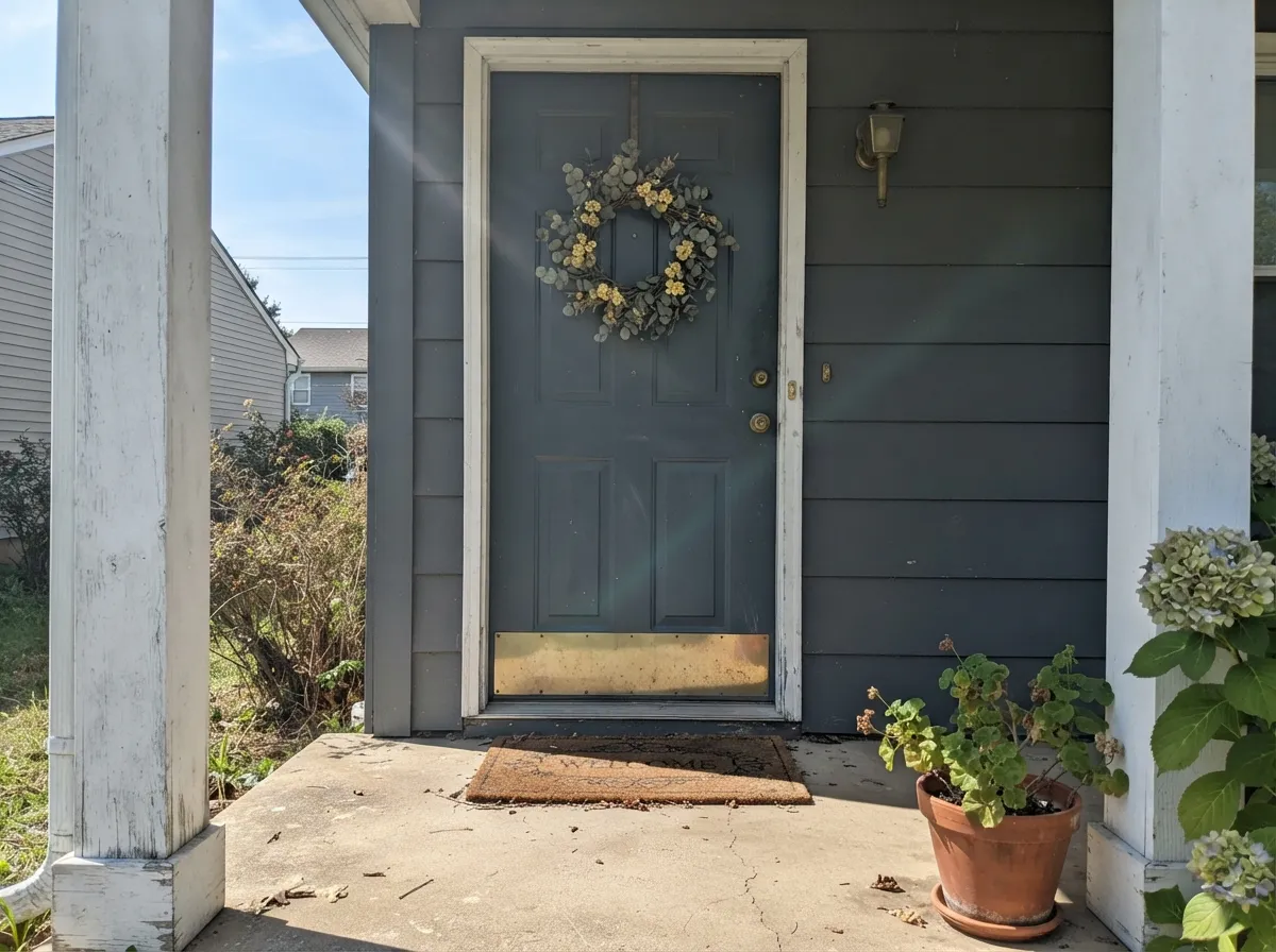 In direct sun the blue steps forward — the same color also comes as a Woodluxe stain, so shutters can match the door exactly.