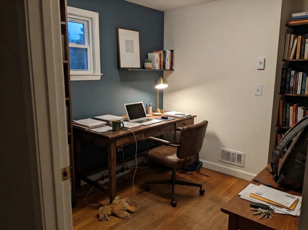 With walnut and warm lamp light the grey base recedes and the blue-gray reads calm and expensive.
