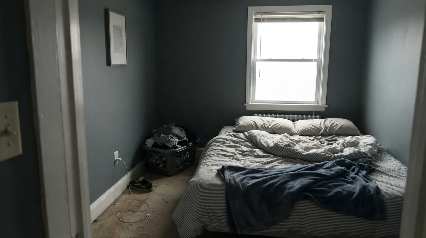The honest shot: in a dim, north-facing room with no lamps, the blue mostly disappears and it reads as plain, flat grey.