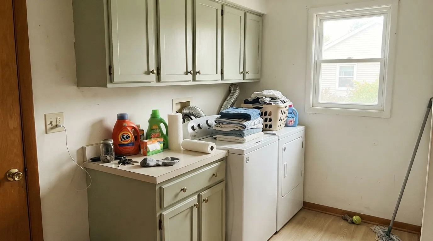 Hancock Green on laundry cabinets against White Dove walls — small doors and shadow lines are where this pale green actually reads as green.