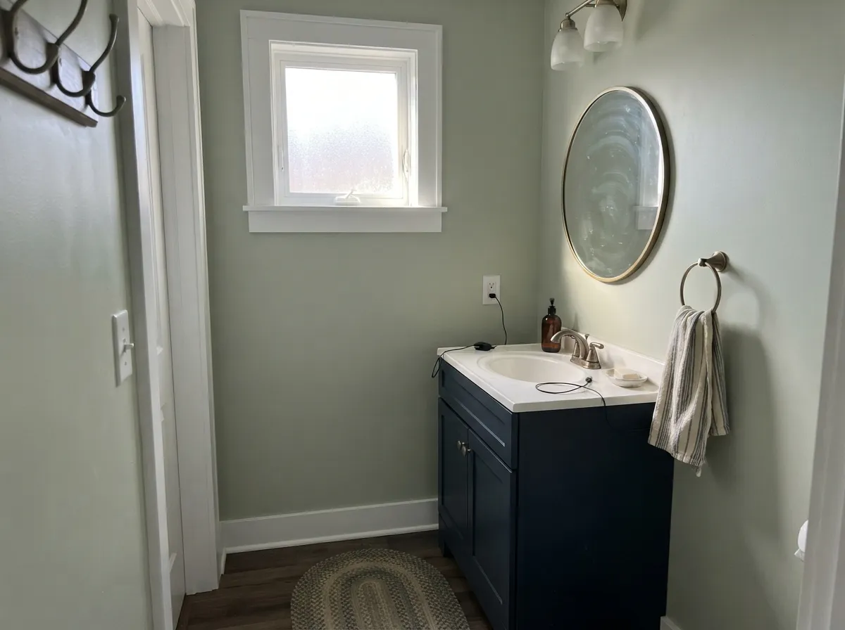 In a small daylit powder room the celery green stays clean and quiet against crisp Chantilly Lace trim.