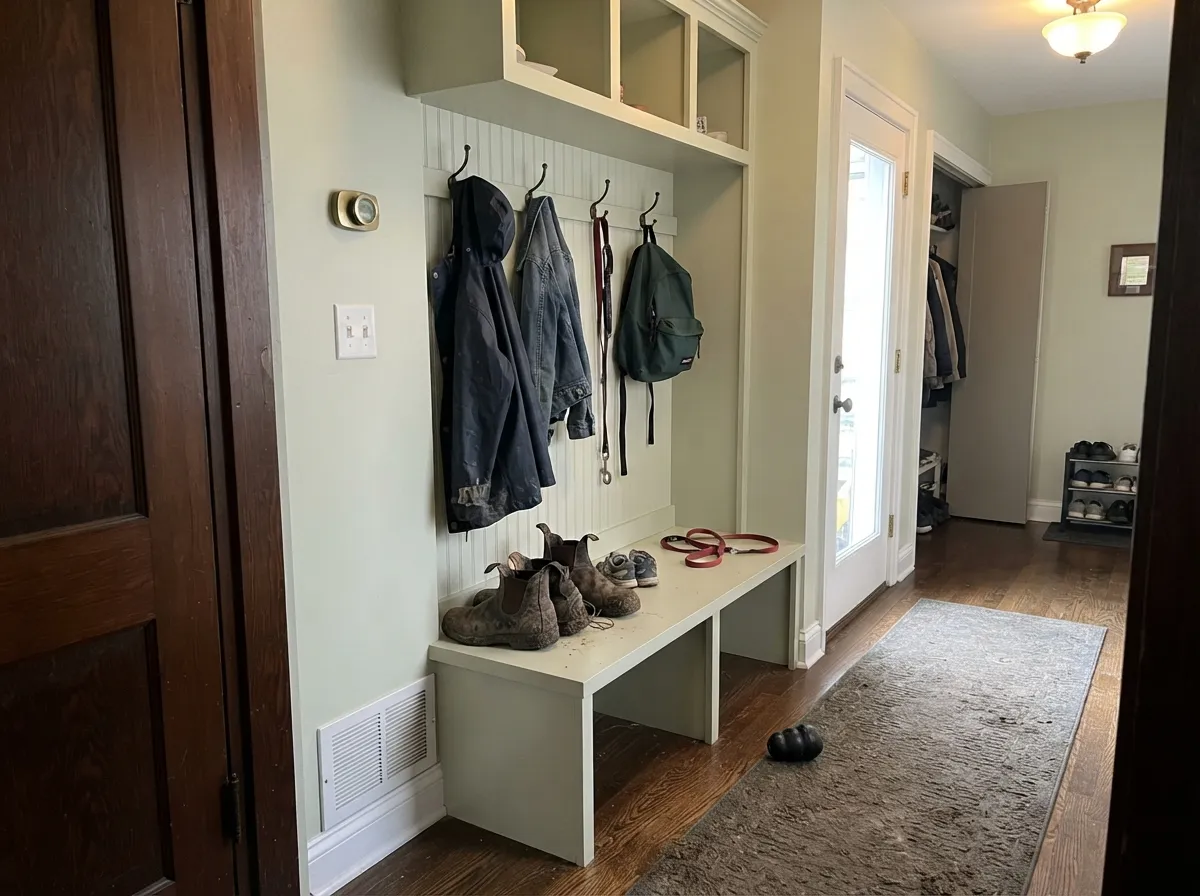 Mudroom cubbies: broken-up surfaces and real shadow give the color depth a flat wall never would.