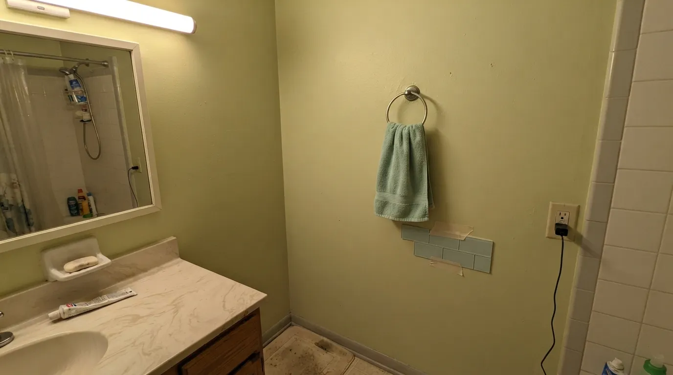 The honest shot: people buy this expecting mint. Next to an actual mint towel and under warm bulbs, the wall reads yellow-khaki celery — the number-one complaint about Hancock Green.