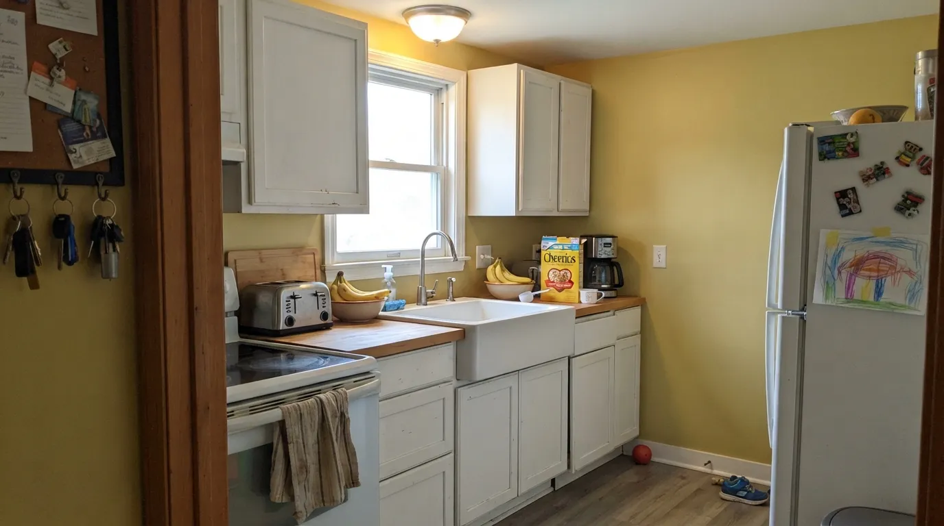 Hawthorne Yellow in the light it was built for — an east-facing kitchen in the morning, warm gold behind Cotton Balls cabinets and never sweet.
