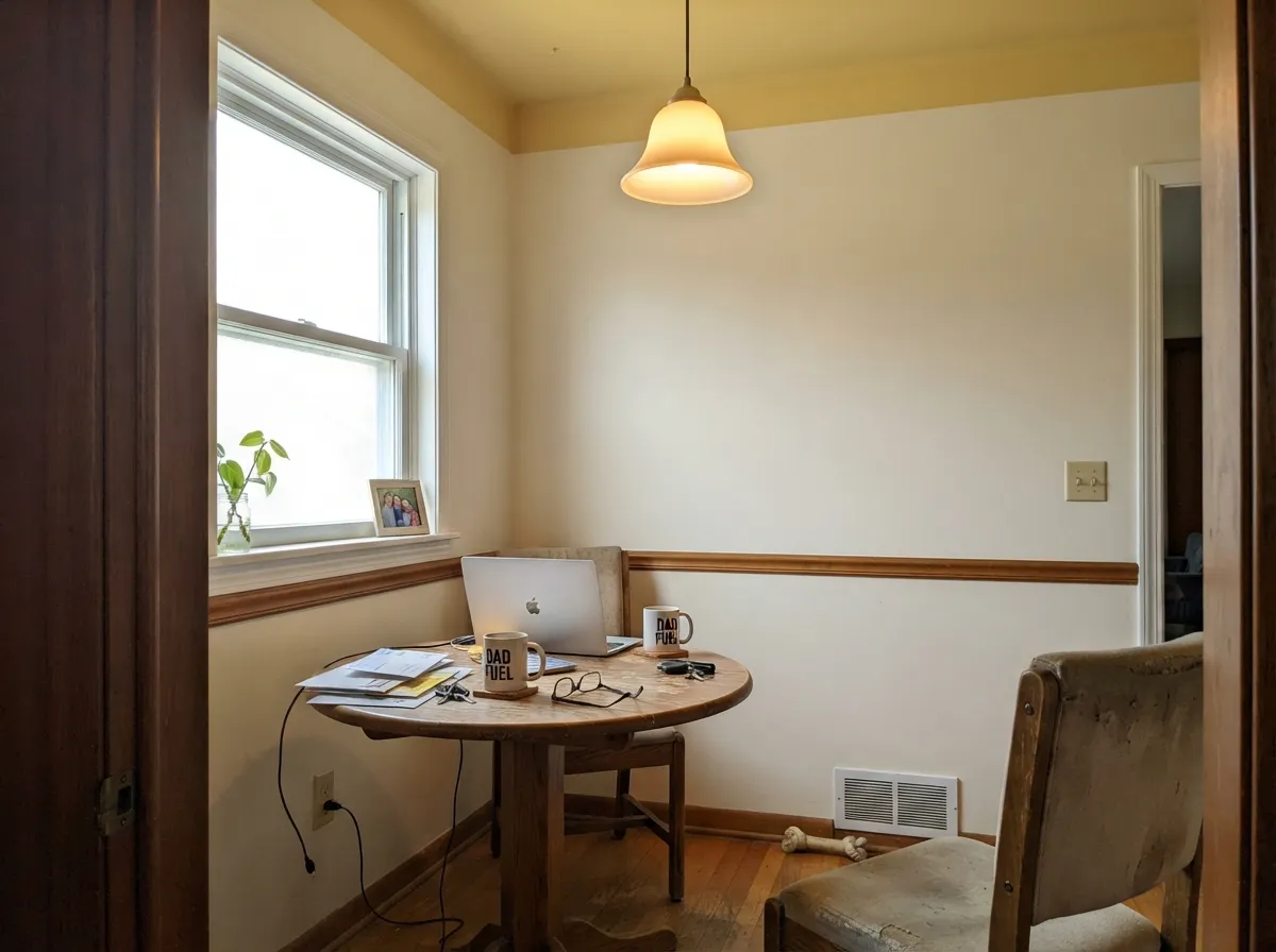The overhead trick: quiet White Dove walls with the yellow only on the ceiling, so the room gets the glow without the color at eye level.