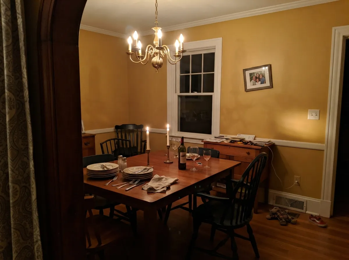 At night under warm bulbs and candles it deepens into amber — the reason this color has lived in dining rooms for decades.
