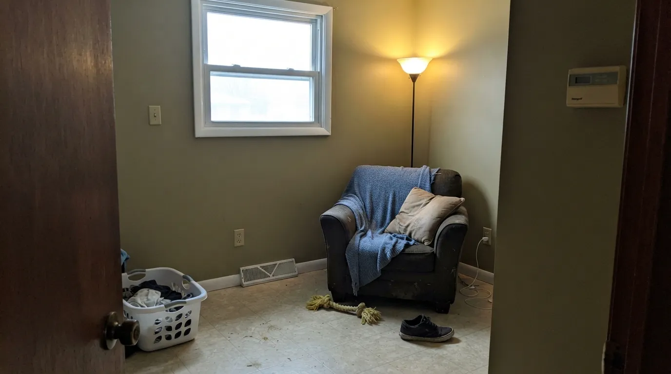 The honest shot: cool north light and a 4000K bulb pull the gray-green forward and the gold turns mustard — the exact room the bad reviews come from.