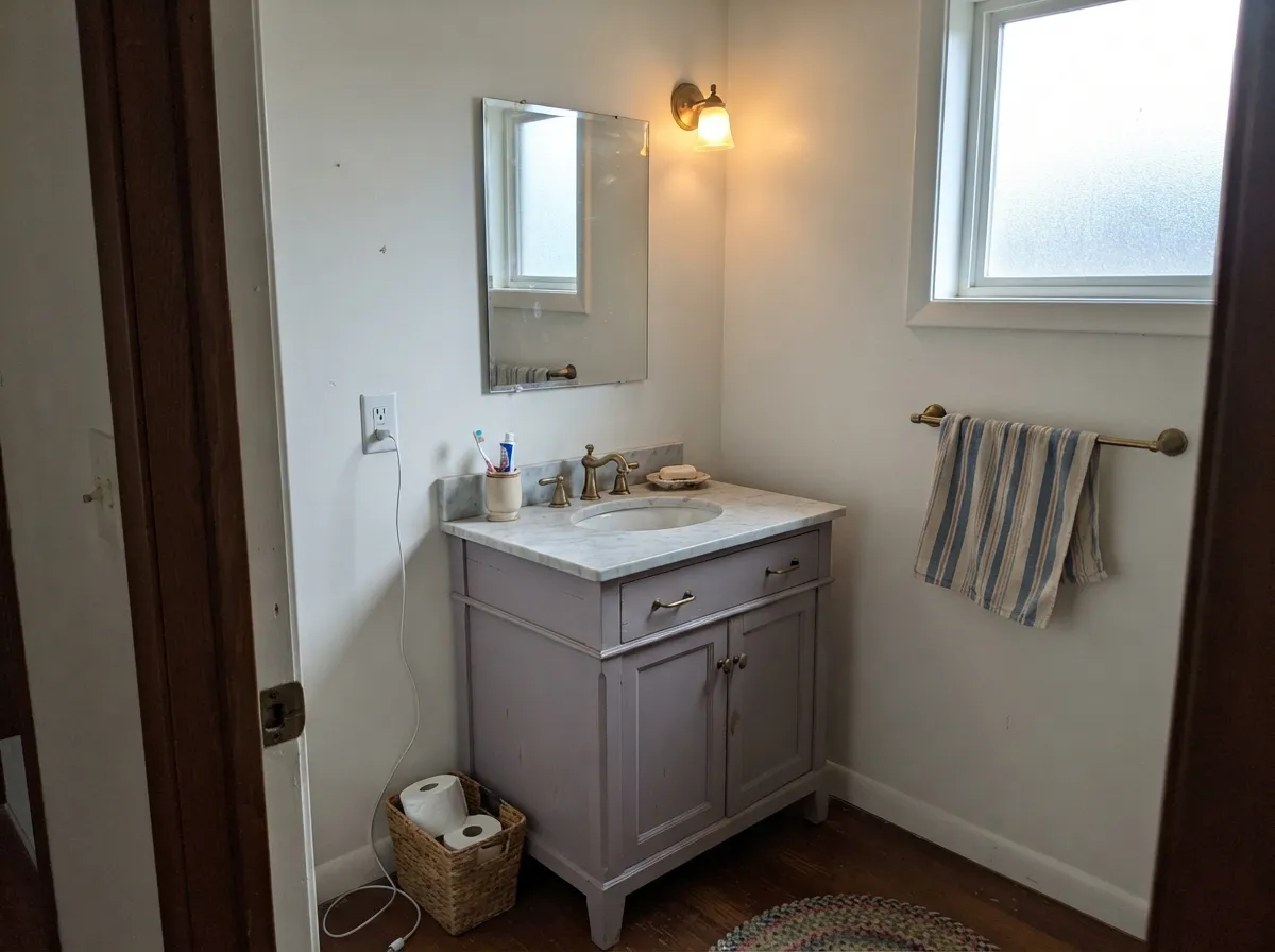 The designer move: a Hazy Lilac vanity in a small powder room, marble and brass doing the rest of the work.