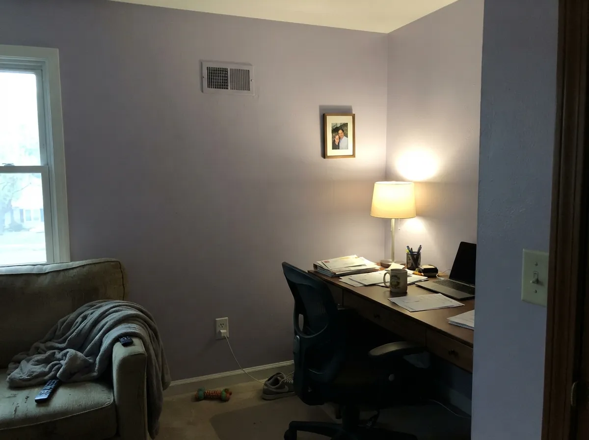 In a closed-door den with walnut furniture and warm lamp light, the color turns soft and moody instead of loud.