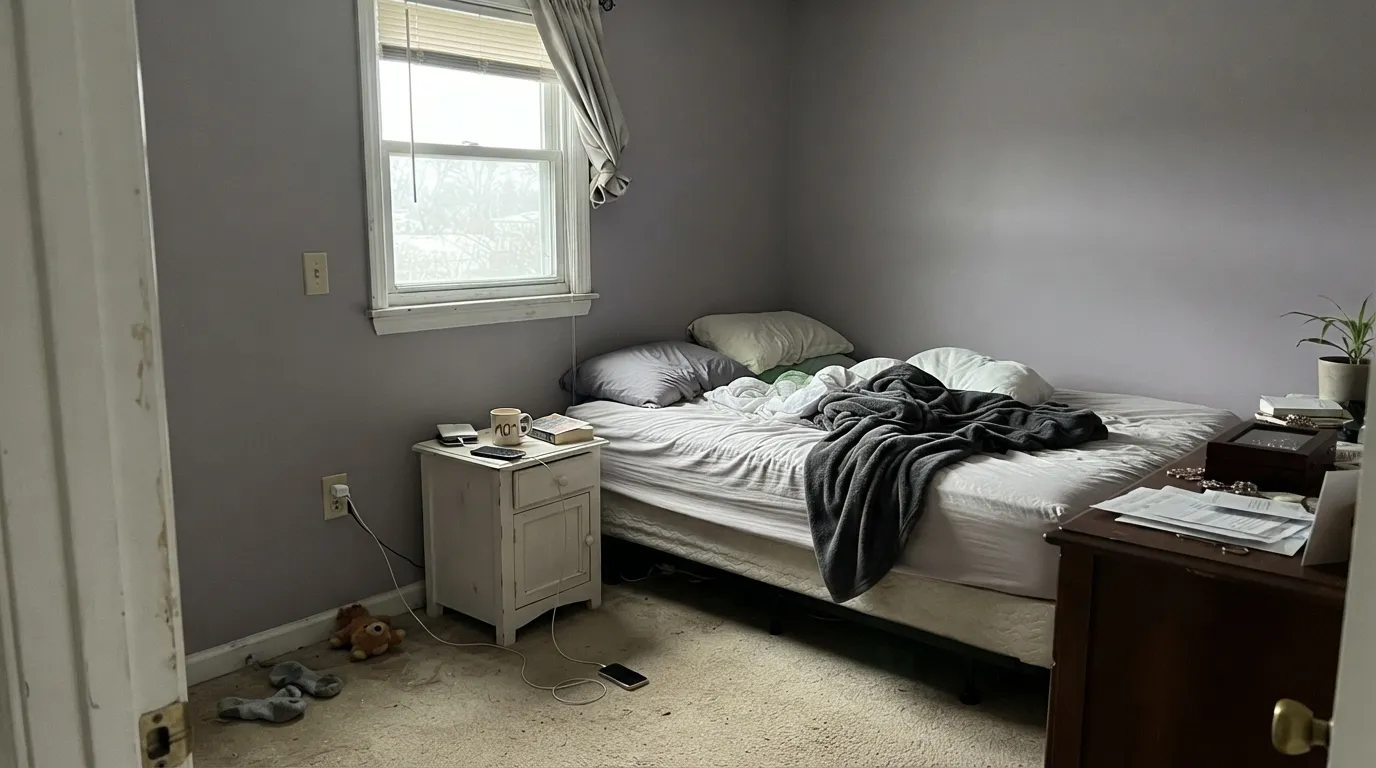 The honest shot: cool north light with no lamps on drains the violet out and leaves a flat, dingy gray — the exact situation behind the "it looked purple in the store, gray on my wall" reviews.