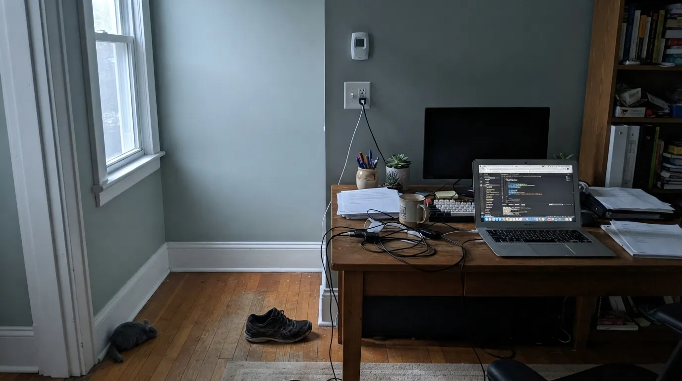 The honest shot: north light with no warm lamp on drains the green out and leaves a plain blue-gray — the surprise buyers report most.