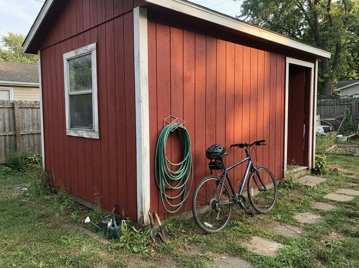 The color's original job: barns and sheds, where sun-facing boards read a proper saturated red and the shaded side of the same building already looks a shade browner.