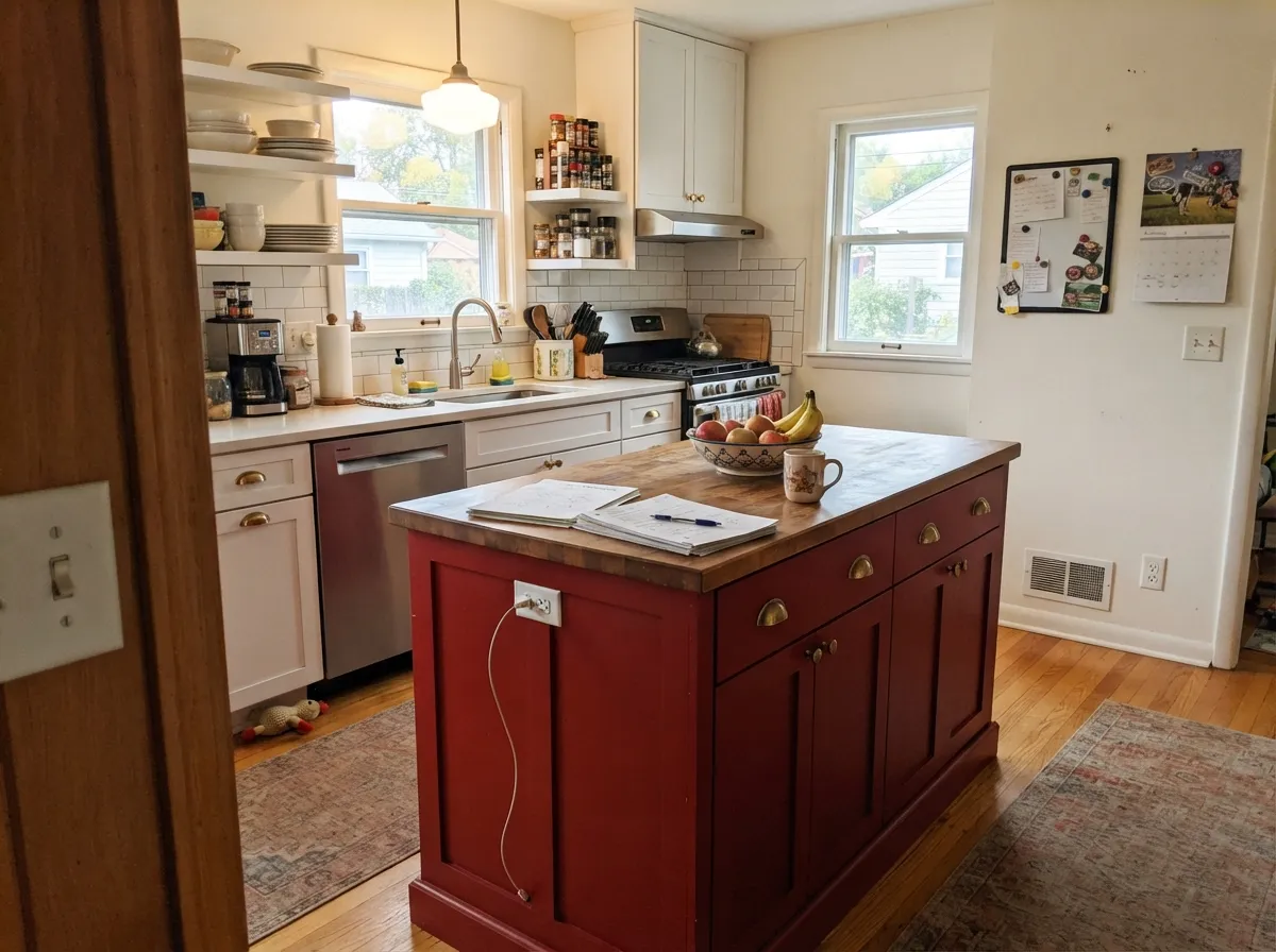 In doses it earns its keep: a Heritage Red island against white cabinets and brass hardware reads custom, not overwhelming.