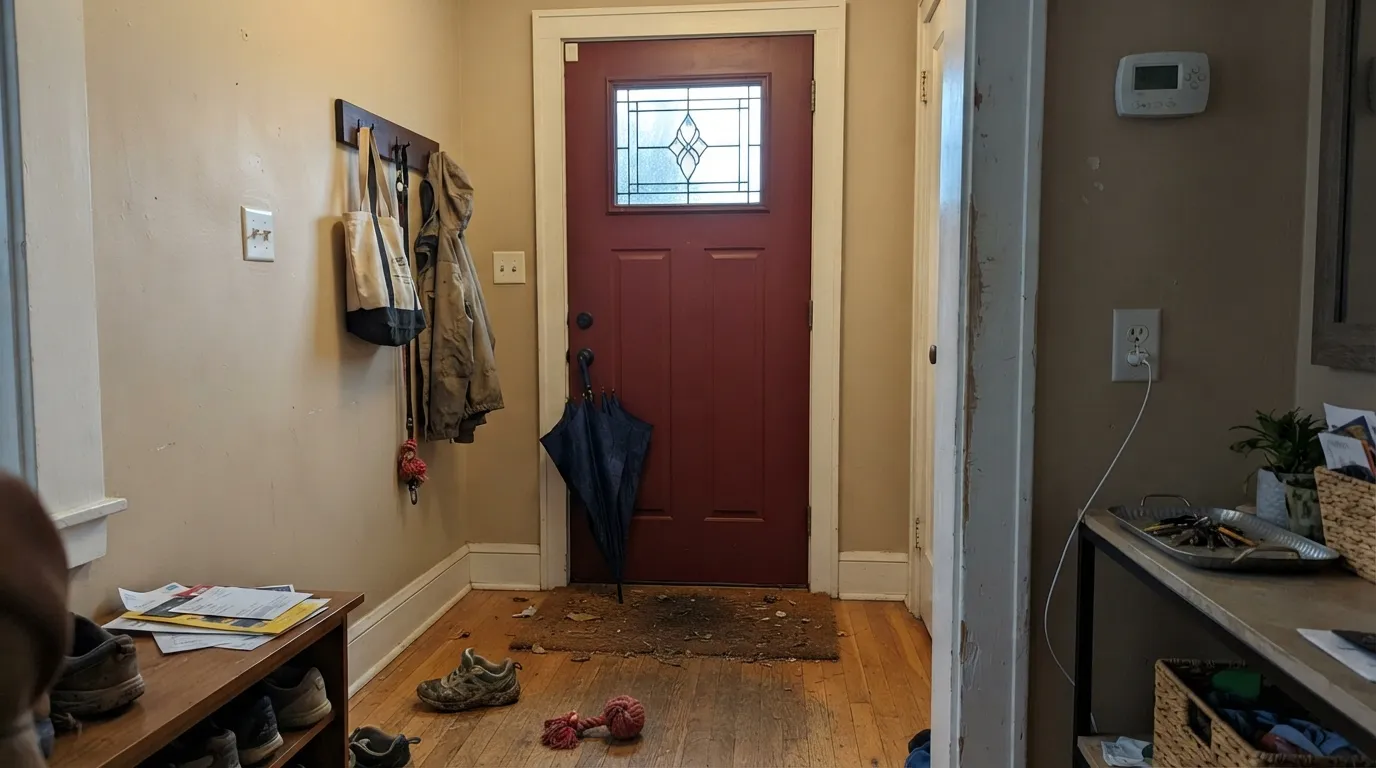The honest shot: the same door under cloud cover instead of sun. The vivid red owners expect drains toward a dull brownish red — the exact gap behind most of the disappointed reviews.
